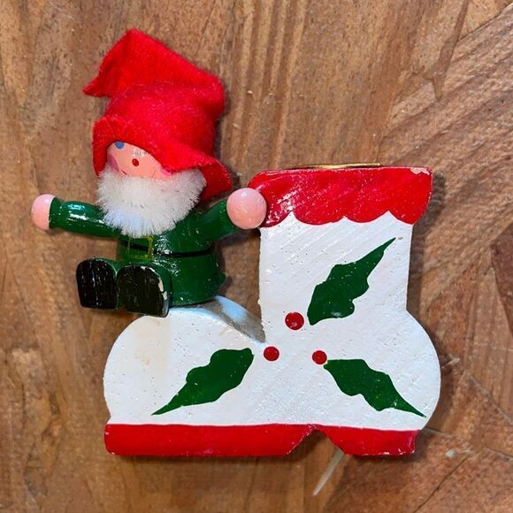 Vtg painted wooden elf on a Christmas boot candle holder - Picture 1 of 7